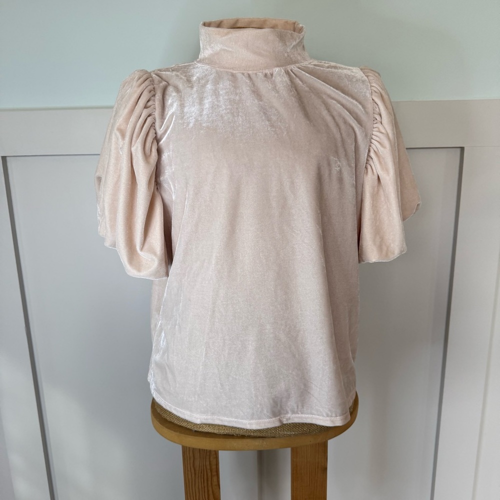 Free People Claudia Velvet T-Shirt Women’s Medium Light Pink Cream Puff‎ Sleeve